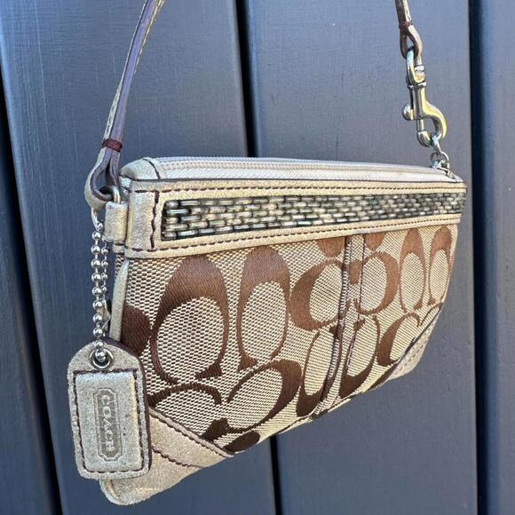 COACH Vintage Logo Tan Canvas Mini Bag Wristlet with Gold Trim and Beaded Detail - Picture 1 of 6